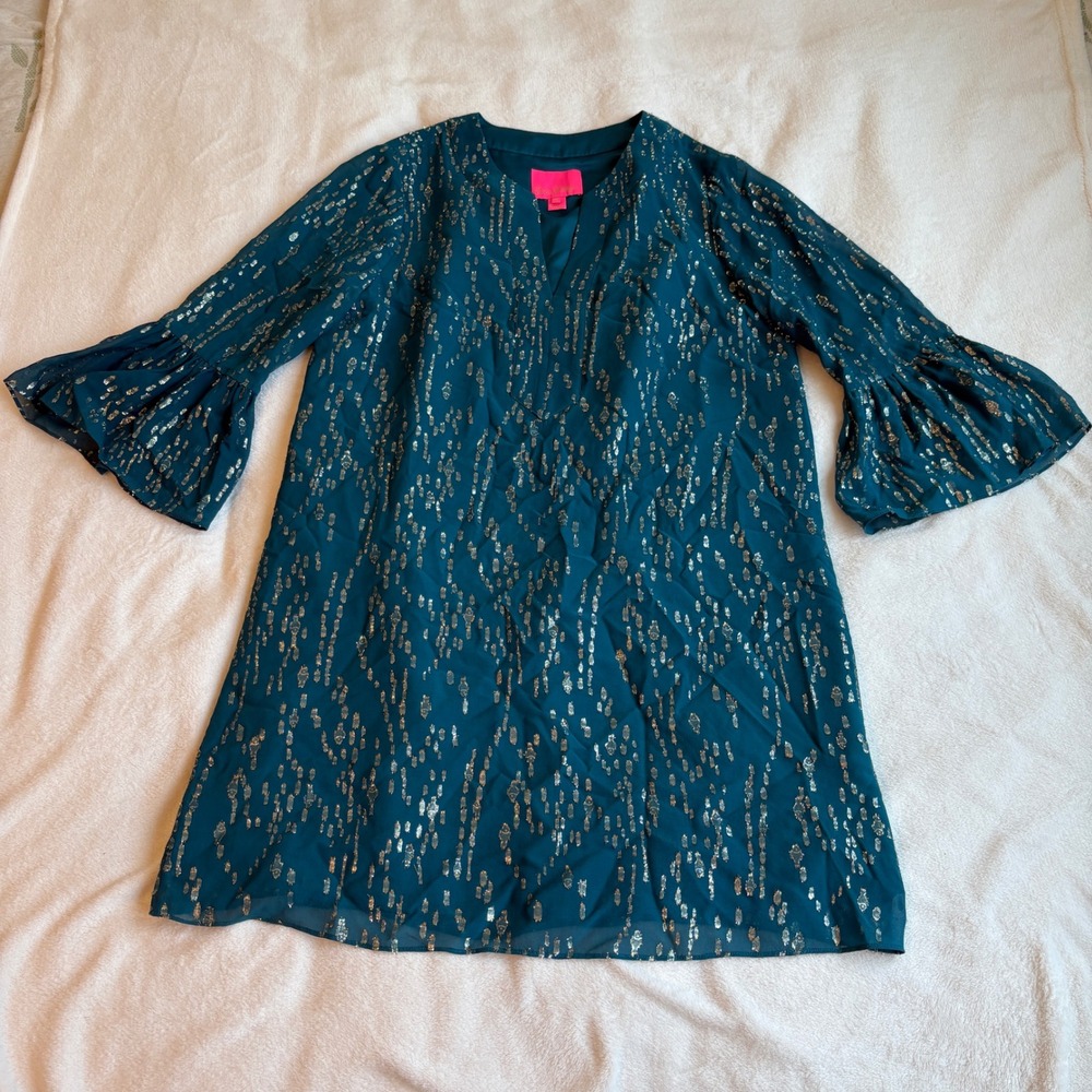 Lilly Pulitzer Silk Metallic Teal Gold Ruffle Sleeve Shift Dress‎ 001243 Medium